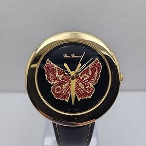 Womens Pierre Bernard Butterfly Watch Gold Glitter Black Leather New Battery